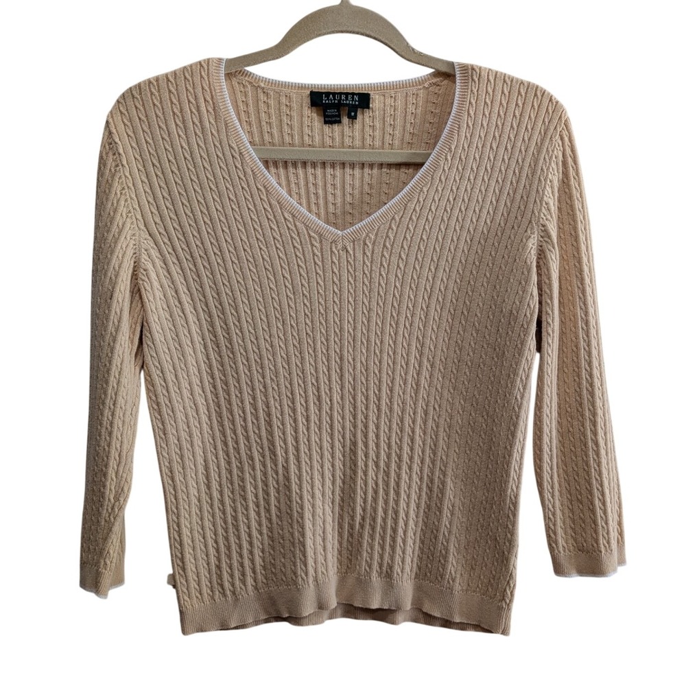 VTG Womens Lauren Ralph Lauren Cable Knit Sweater Medium V-Neck Cream Coastal